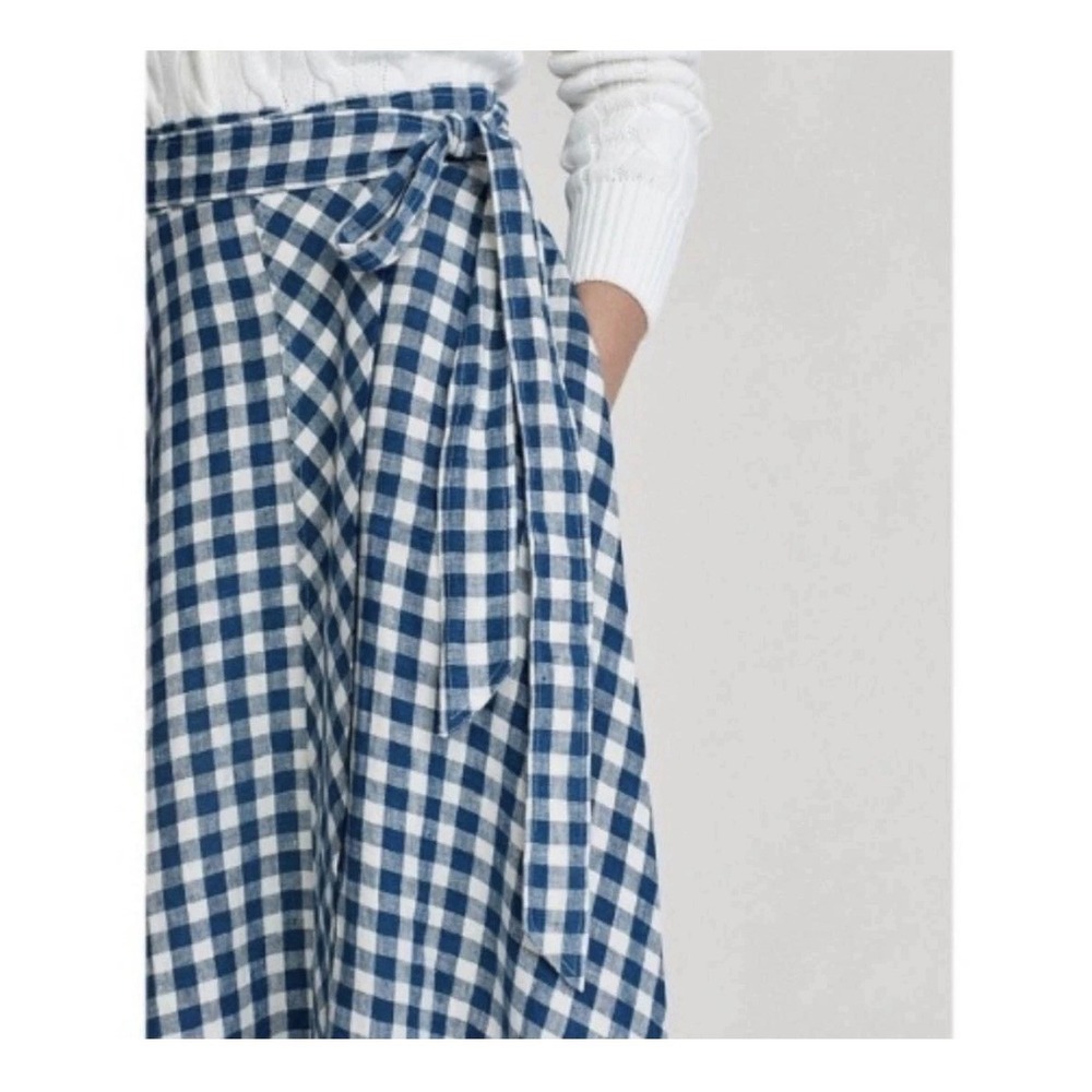POLO RALPH LAUREN Gingham Plaid Linen Wrap Skirt Women Small Blue White Cottage - Picture 2 of 9